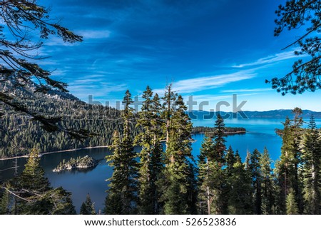 Afternoon photo of Emerald Bay in Autumn in South Lake Tahoe, California, beautiful alpine lake