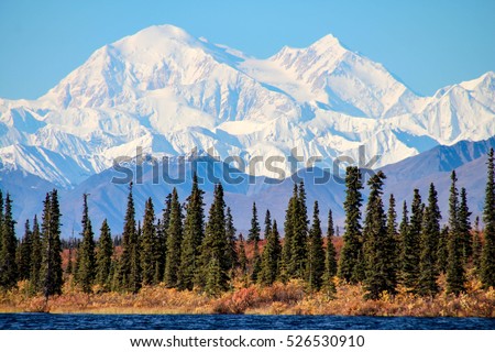 Denali is the highest mountain peak in North America, located in Alaska Royalty-Free Stock Photo #526530910