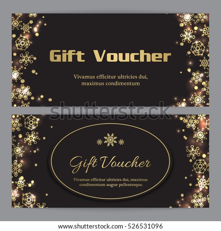 Christmas gift voucher with gold snowflakes and sparkles on black background
