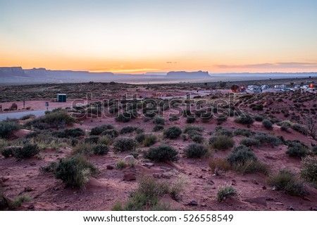 Sunset on camping in Arizona desert, USA Royalty-Free Stock Photo #526558549