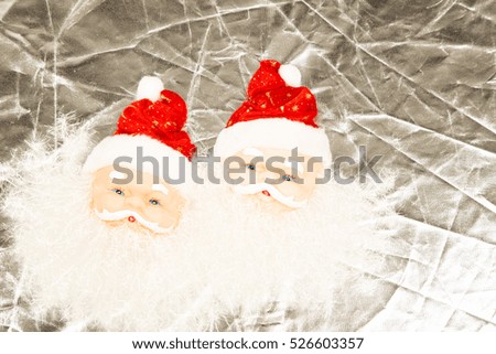  Santa Clause , grey background ,christmas decoration ,heard ,two ,small ,hanged, home ,decor ,xmas ,blue eyes ,cute ,silver