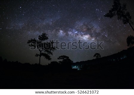 Milky Way and silhouette of tree at Phu Hin Rong Kla National Park,Phitsanulok Thailand, Long exposure photograph.with grain

