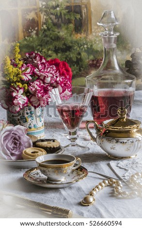 romantic lunch, moment of coffee and cake, background with flowers, vertical photo with vignetting effect