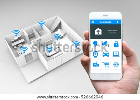 Internet of things , iot , smart home and network connect concept. Human hand holding white phone and smart home application with 3d rendering room and wifi icons Royalty-Free Stock Photo #526662046