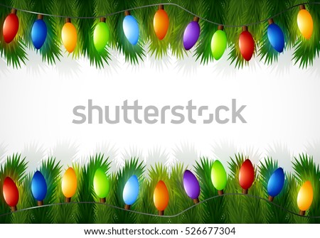 Vector illustration of Christmas decorations with fir tree branches and light bulbs