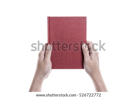 A man hand hold(write) a blank(empty, vacant) red book cover isolated white.