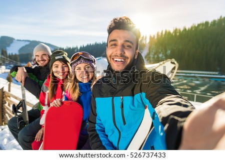 Group Of People Ski Snowboard Resort Winter Snow Mountain Smiling Friends Taking Selfie Photo Holiday Holiday Extreme Sport Vacation