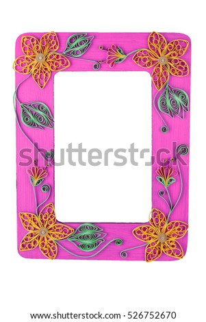Photo frame made with quilling paper handmade crafted leaves and flowers background