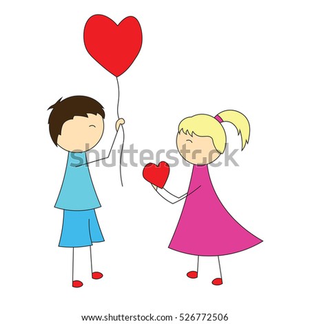 Simple Cartoon Boy Gives A Balloon Heart Girl A Royalty Free Stock Vector Avopix Com