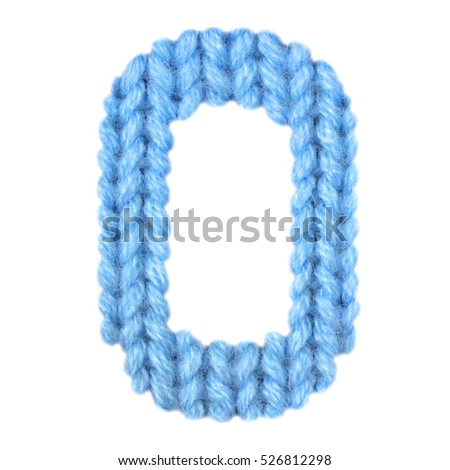 Letter O alphabet on a blurry texture knitted pattern of woolen thread closeup. One letter of the English alphabet. Education and holidays. Typography design. Color blue