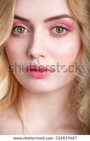 pale pink makeup. Model doll. professional studio photo. retouch