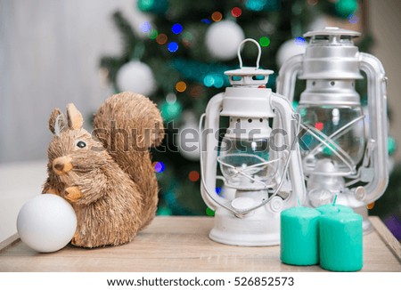 Christmas decorated interior with Christmas Tree, lamps and gifts