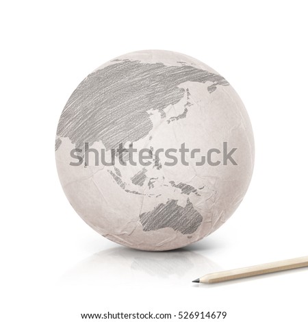 Shade Asia & Australia map on paper globe on white background