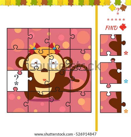 Illustration of educational task for children with monkey. Halves matching activity task for children