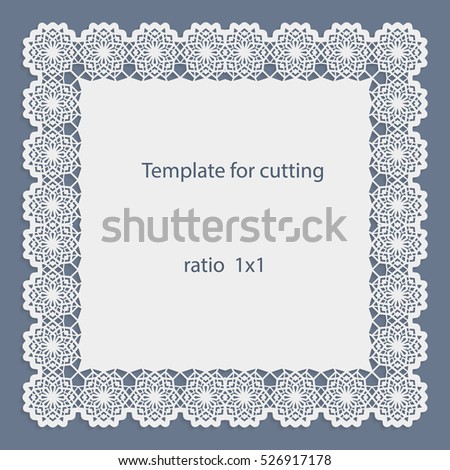 Greeting card with openwork border, paper doily under the cake, template for cutting, wedding invitation, decorative plate is laser cut, frame with lace edge, vector illustrations.
