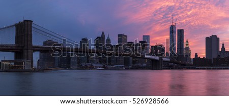Brooklyn bridge and New York City Manhattan panorama at sunset