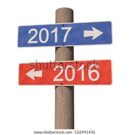 Wooden road signpost points to the New Year 2017 and the Old Year 2016. New Year 2017 is coming. New Year 2017 design concept. 3d illustration