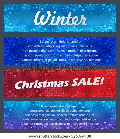 Set of four colored christmas banners with space for text. Winter background with snowflakes