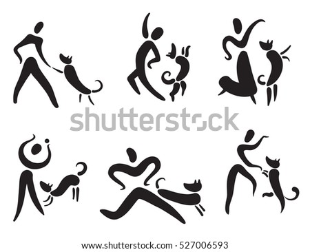 Icons set with people and dogs. Pictogram for partnership of animals and humans. Playing, dancing, running, heelwork logotypes. Vector design elements for cynological sports and activity