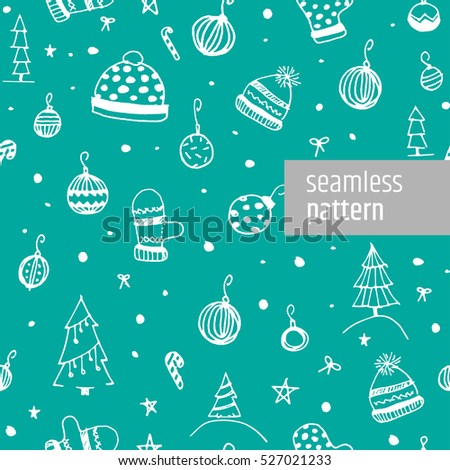Christmas greeting card. Vector illustration. Winter theme seamless doodle pattern on the background