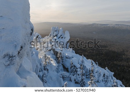 Rocky peak of basalt pillars covered by snow, winter forest in the background.