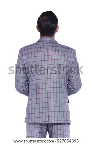 Purple Blue Square graphic Suit Businessman standing with back to the camera or from behind, black pant white shirt, isolated on studio lighting white background
