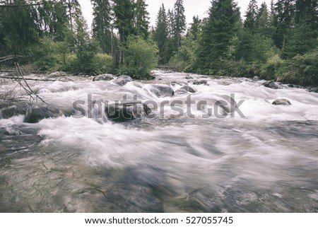 mountain river in summer with stream and high water in forest- vintage retro look