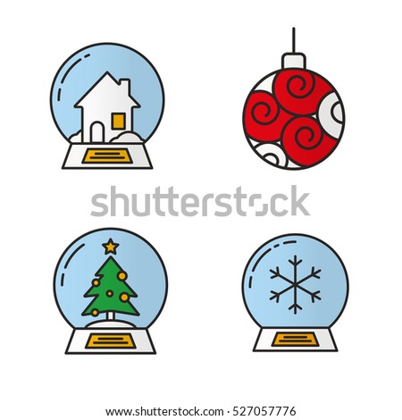 Christmas and New Year toys color icons set. Xmas tree ball, snow globes with house, fir tree and snowflake inside. Isolated vector illustrations