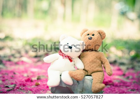 lovely teddy brown and white bear sitting at pink nature background ,vintage style.