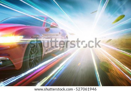 Red race car with light effect. 