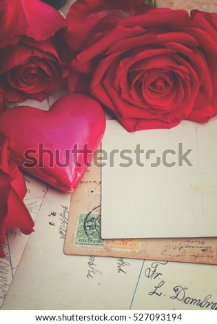 empty postcard with vintage mail, pink heart and fresh roses, retro toned