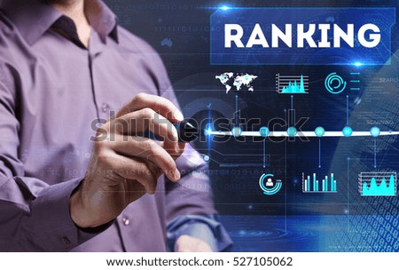 Technology, internet, business and marketing. Young business man writing word: Ranking