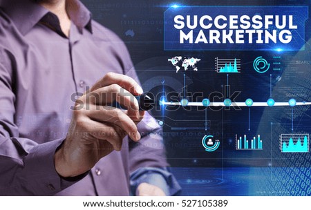 Technology, internet, business and marketing. Young business man writing word: Successful marketing
