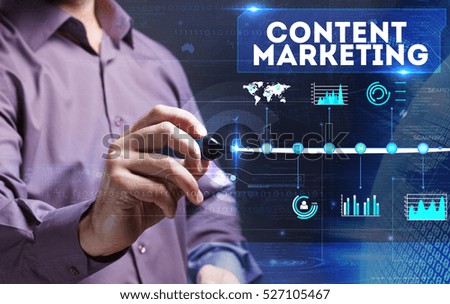Technology, internet, business and marketing. Young business man writing word: Content marketing