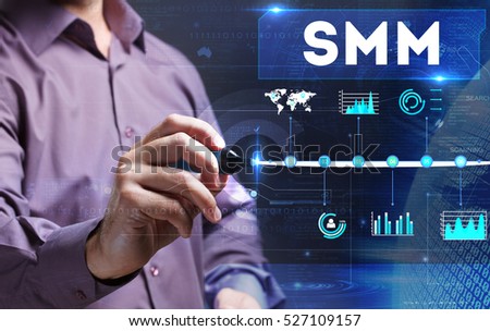 Technology, internet, business and marketing. Young business man writing word: SMM