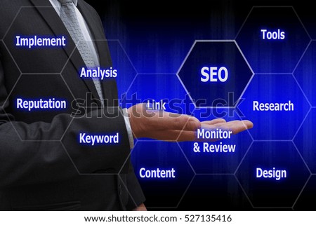 businessman hand with virtual panel of SEO Search optimization , Business technology concept