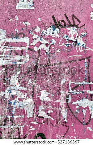 Old Urban Dirty Concrete Wall With Torn Worn Peeled Poster Abstract Vertical Background Texture. Abstract Creative Surface
