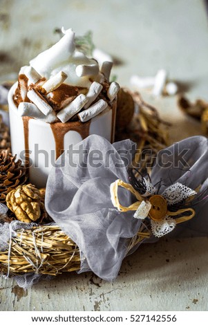 Christmas composition Cup of cocoa with marshmallows ,on wooden background
