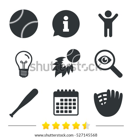 Baseball sport icons. Ball with glove and bat signs. Fireball symbol. Information, light bulb and calendar icons. Investigate magnifier. Vector