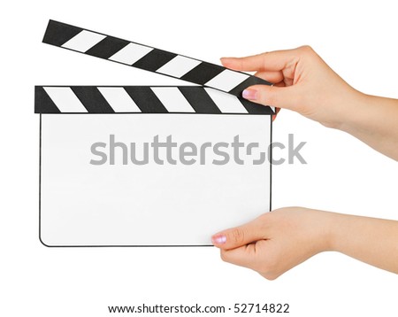 Blank clapboard in hands isolated on white background