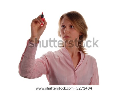 woman write on the screen over white