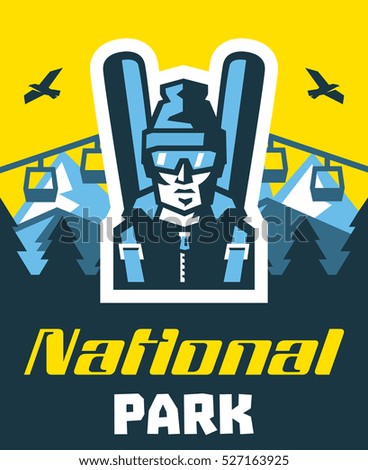 Winter National Park. Logo skier in glasses. Fresh air. on the horizon, winter nature view. Pine forest. Vector illustration. Flat style