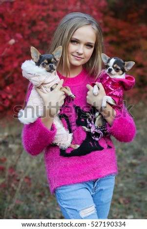 Pretty girl with two chihuahua dogs on the nature