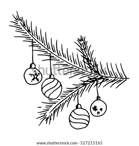 Christmas balls on a fir branch. Vector christmas toys on a tree branch. Christmas pine tree branch hand drawn. 