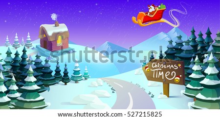 Santa Claus sleigh fly over the forest . Christmas card, invitation, background, design template. illustration