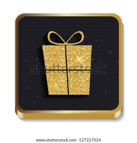 Gold Glitter Shiny Gift Box Icon. Button with Shadow for Your Site and Mobile Application. Eps10