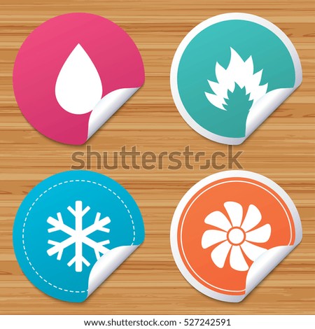 Round stickers or website banners. HVAC icons. Heating, ventilating and air conditioning symbols. Water supply. Climate control technology signs. Circle badges with bended corner. Vector