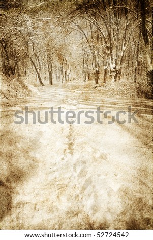 Snowy road .Photo in vintage image style.