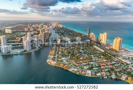 Causeway, river and skyline of Miami Beach, view from helicopter.