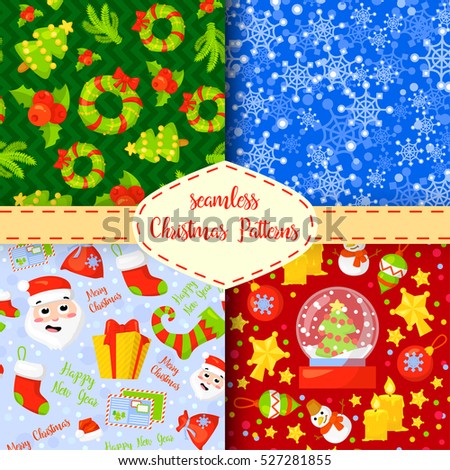 Set of Christmas seamless patterns.Backgrounds with symbols holiday and icons of family celebration elements.Winter seasonal wrapping paper, wallpaper, fabric, textile, backdrop design.Vector clip art